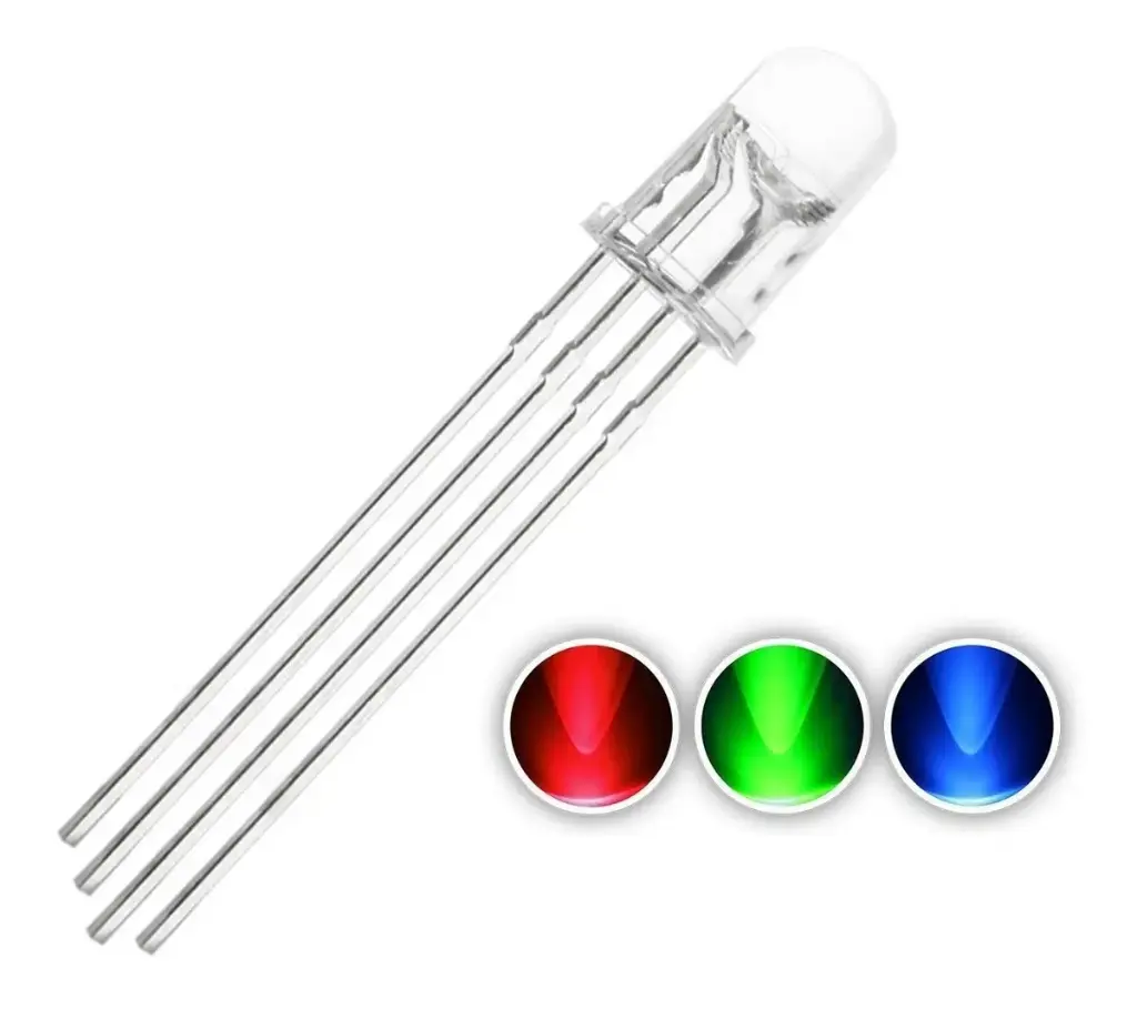 Diodo LED de 5mm luz RGB con 4 terminales cátodo común; bombín transparente; alta luminosidad; x 1 unidad