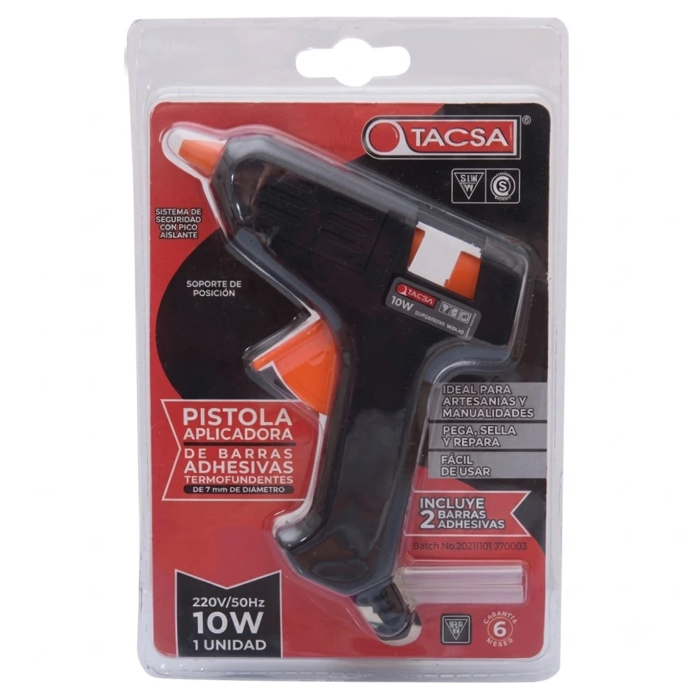 Pistola Aplicadora en Caliente de Silicona en Barra ø7mm 10w "Tacsa" + 2 barritas siliconas ø7mm x 10cm