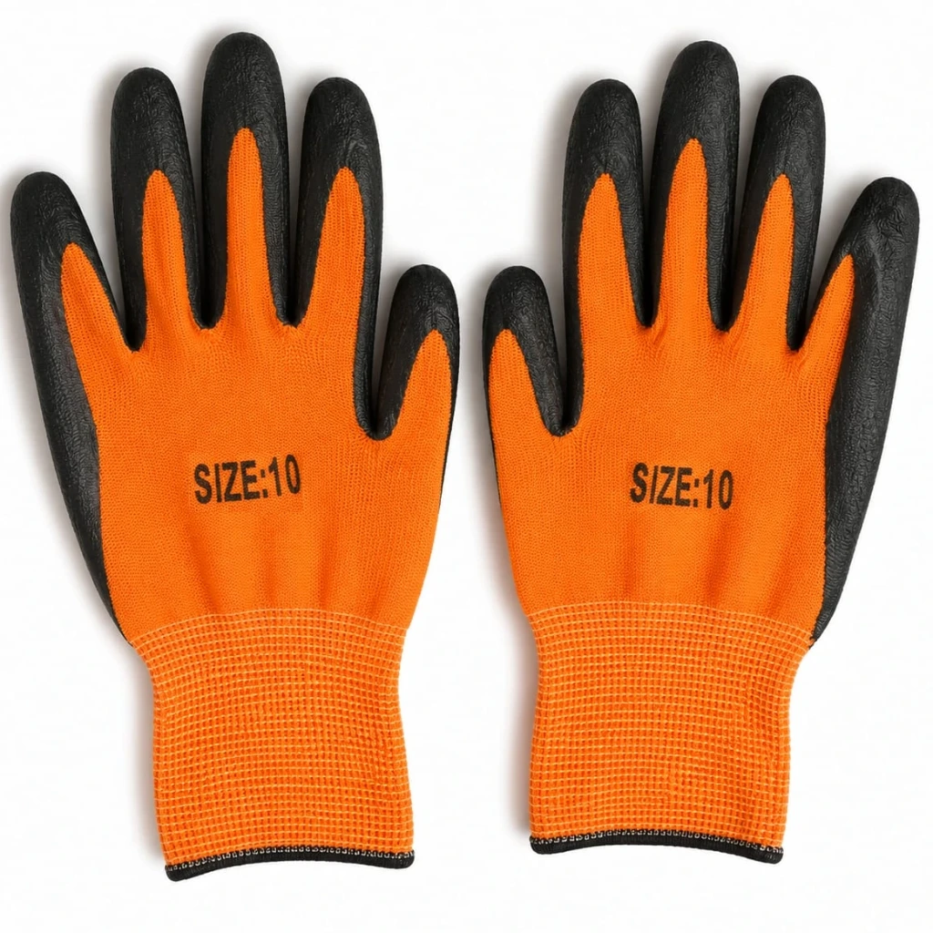 Par de Guantes Tejidos Livianos color Naranja Recubiertos en Látex rugoso Negro Talle N° 10