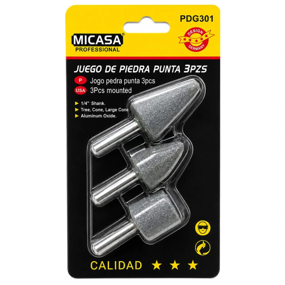 Set de 3 Puntas de Piedra Montadas de Óxido de Aluminio para Taladro "MiCasa" PDG301