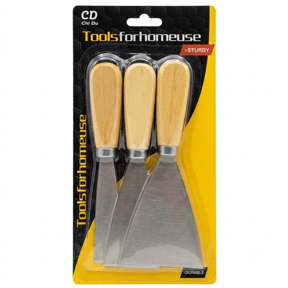 [146~1142] Espátulas con Mango de Madera Blister de 3 Unidades: 25mm, 50mm y 75mm "Toolsforhomeuse"